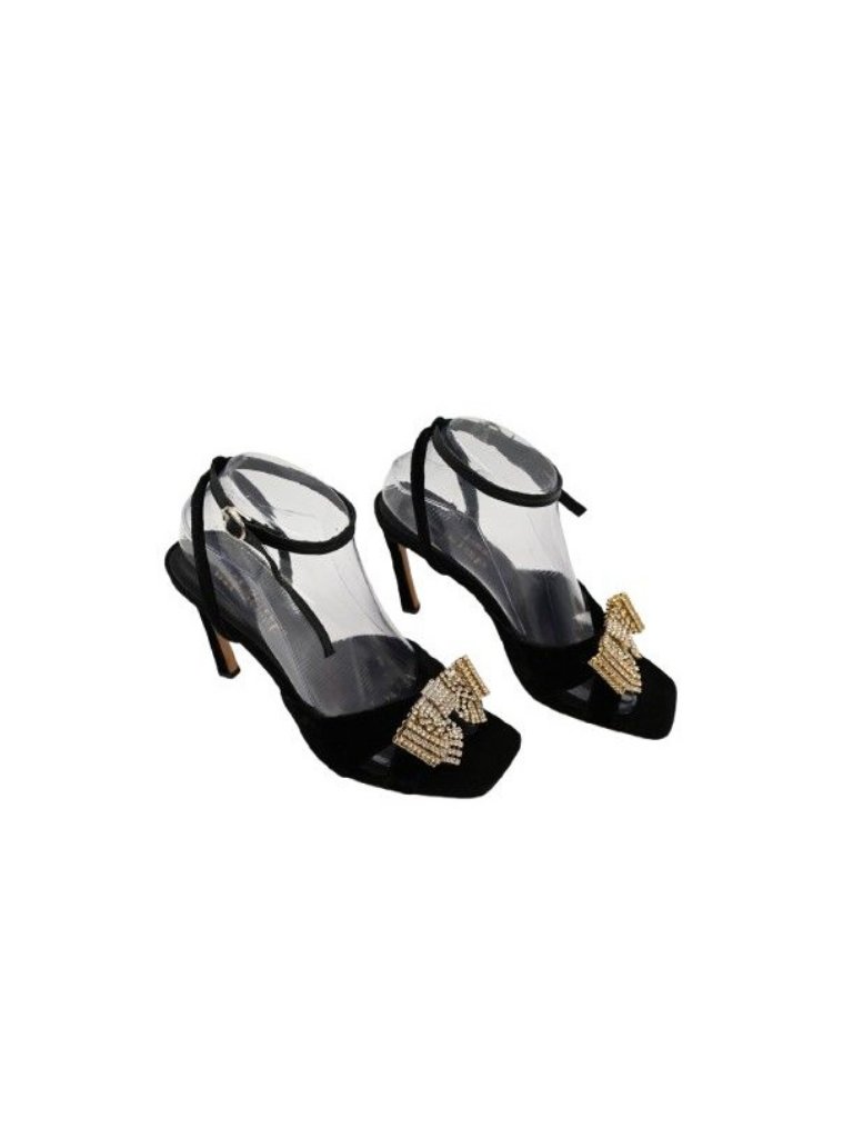 Dee Ocleppo Velvet Stiletto Heel Rhinestone Bow Strappy Black Sandals Black Sz 8